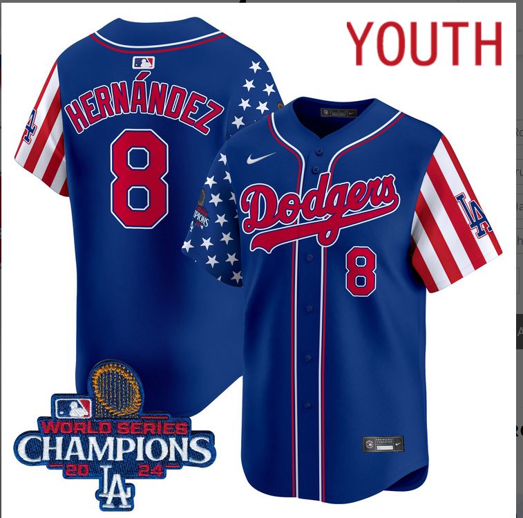 Youth MLB Los Angeles Dodgers #8 Hernandez American Style blue 2024 World Series Champions  Limited Jersey->customized mlb jersey->Custom Jersey